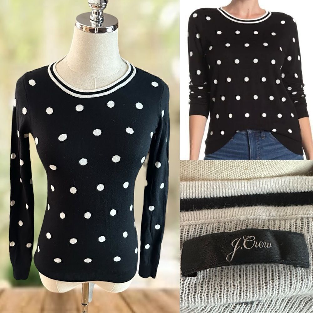 J. Crew Crewneck Pullover Sweater Jumper in Black Ivory Polka Dot Size S